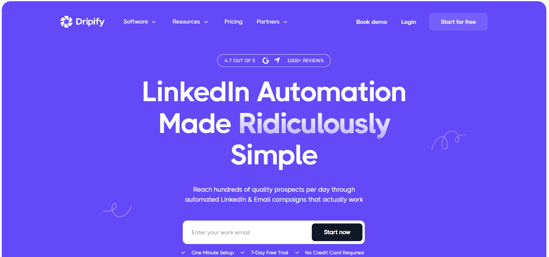 Dripify LinkedIn automation — landing page showing drag-and-drop campaign builder with 4.7/5 rating and one-minute setup
